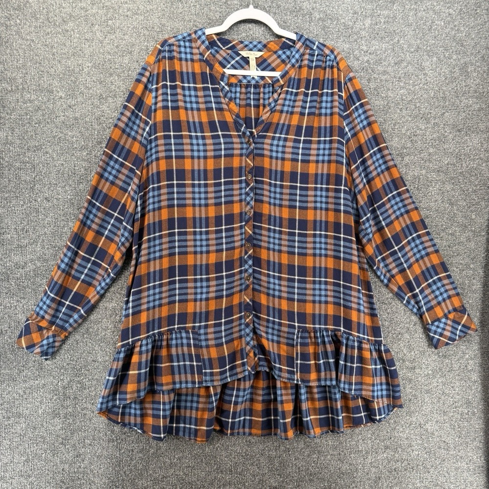 Matilda Jane Top Womens 2XL Blue Plaid Button Up Ruffle Hem Boho Cottagecore
